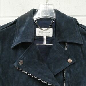 BCBGeneration Womens Navy Blue Suede Leather Moto Jacket XS T12512BG Biker Zip